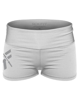 booty-shorts-2-inch-inseam-womens-crossfit-shorts-white-gray-logo-front-by-rokfit