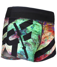 orion-performance-booty-shorts-crossfit-womens-shorts-teal-purple-pink-tan-abstract-black-accents-and-logos-front-angled-by-rokfit