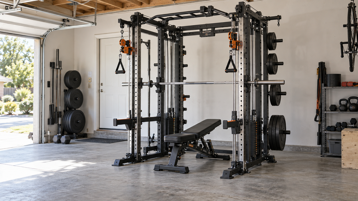 All-in-one rack cable and Smith machine in a realistic garage gym