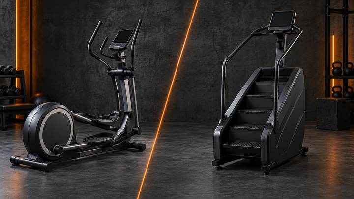 Elliptical and stair climber compared on a dark charcoal orange-accented backdrop