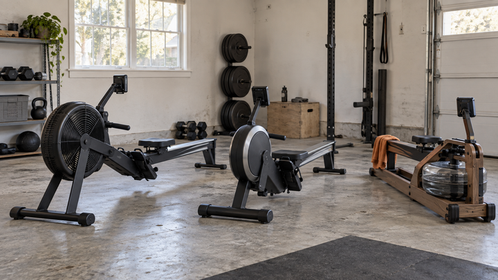 Air magnetic and water rowing machines in a realistic garage gym