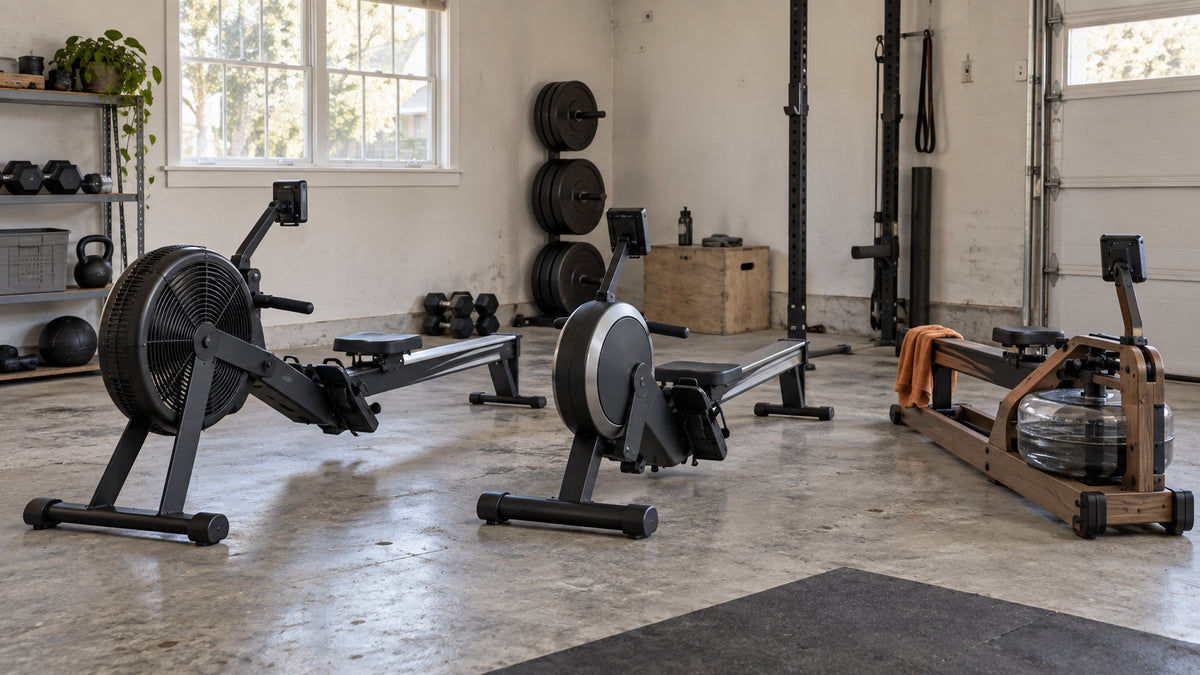Air magnetic and water rowing machines in a realistic garage gym