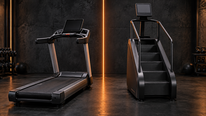Treadmill and stair climber compared on a dark charcoal orange-accented backdrop