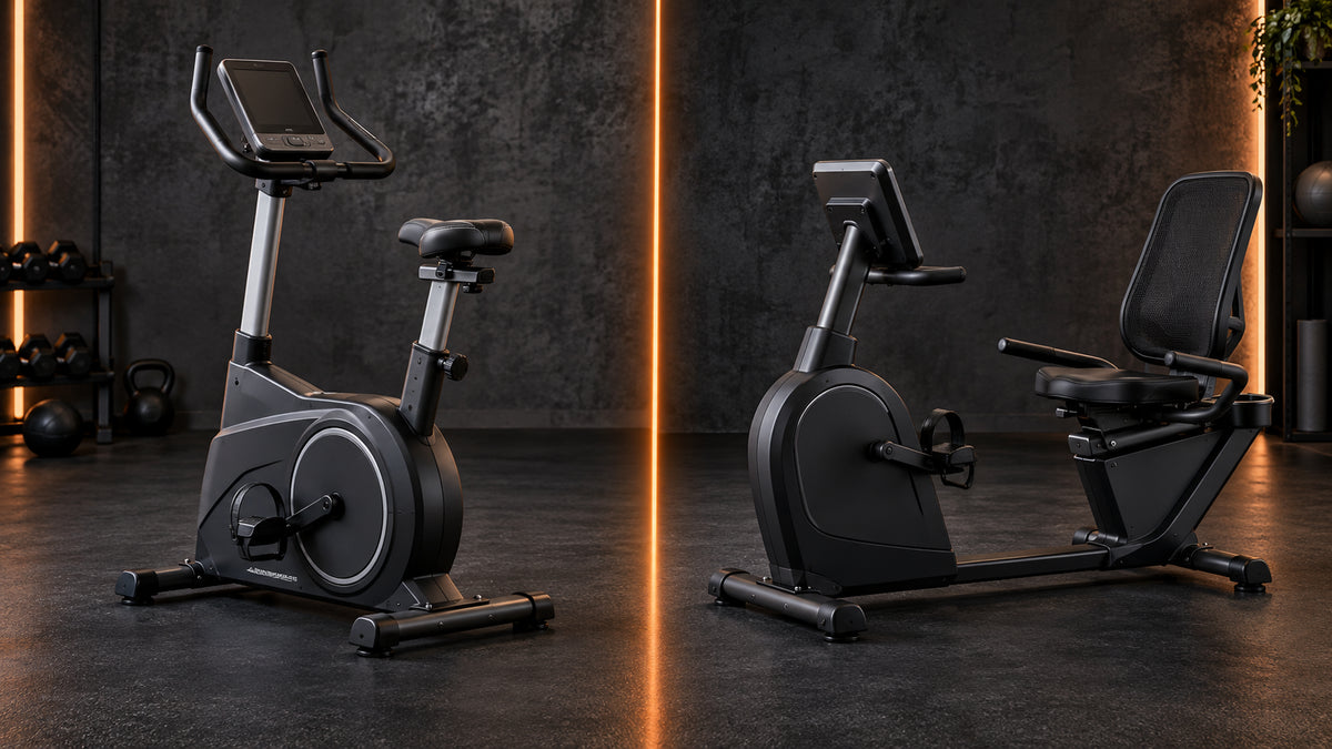 Upright and recumbent exercise bikes compared on a dark charcoal orange-accented backdrop