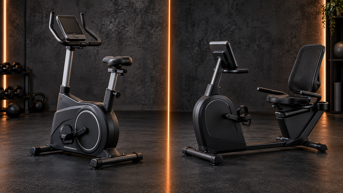 Upright and recumbent exercise bikes compared on a dark charcoal orange-accented backdrop