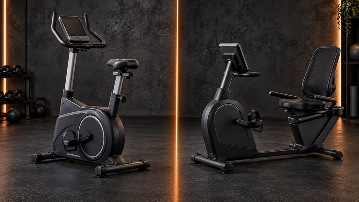 Upright and recumbent exercise bikes compared on a dark charcoal orange-accented backdrop