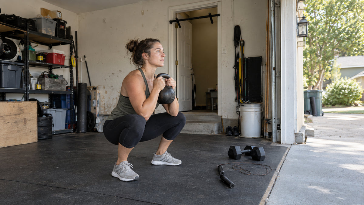 Beginner performing a kettlebell goblet squat in a modest home garage gym