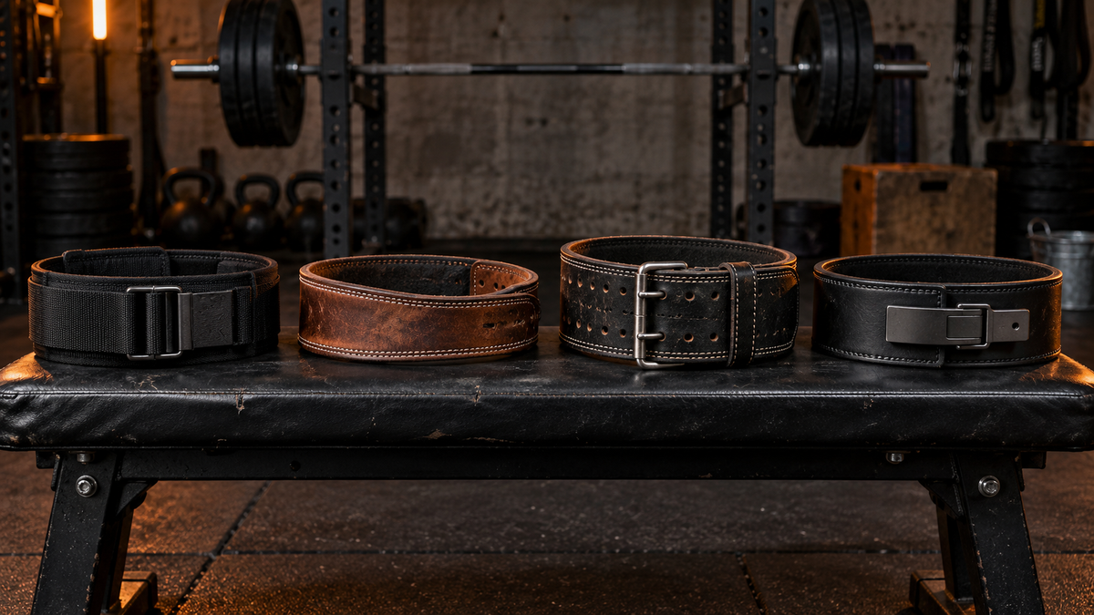 Four weightlifting belt styles compared in a dark functional garage gym