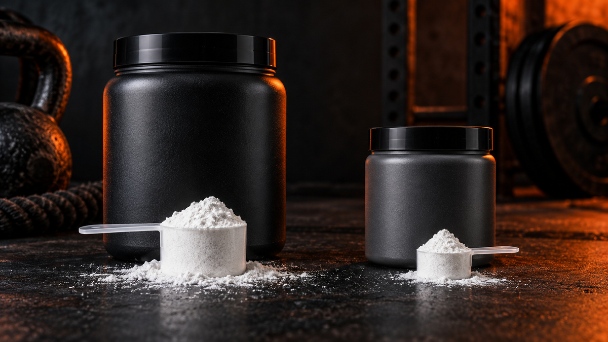 Unbranded creatine monohydrate and creatine HCL powders compared in a dark gym setting
