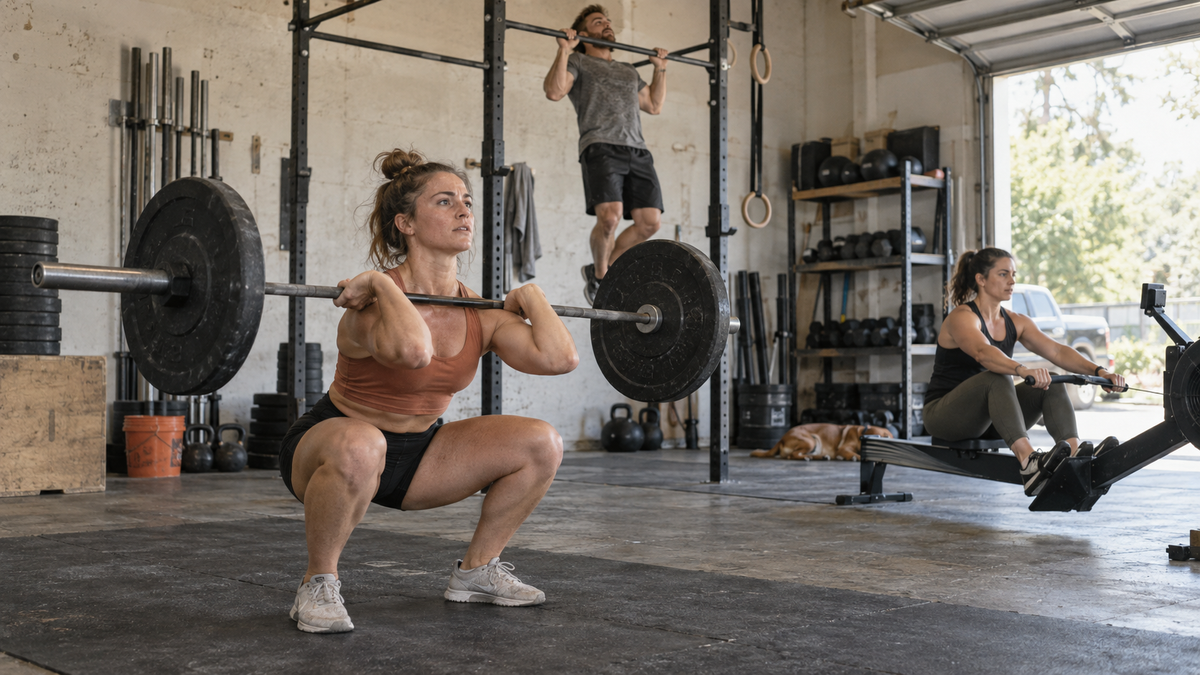 Athletes practicing barbell, pull-up and rowing movements in a functional garage gym
