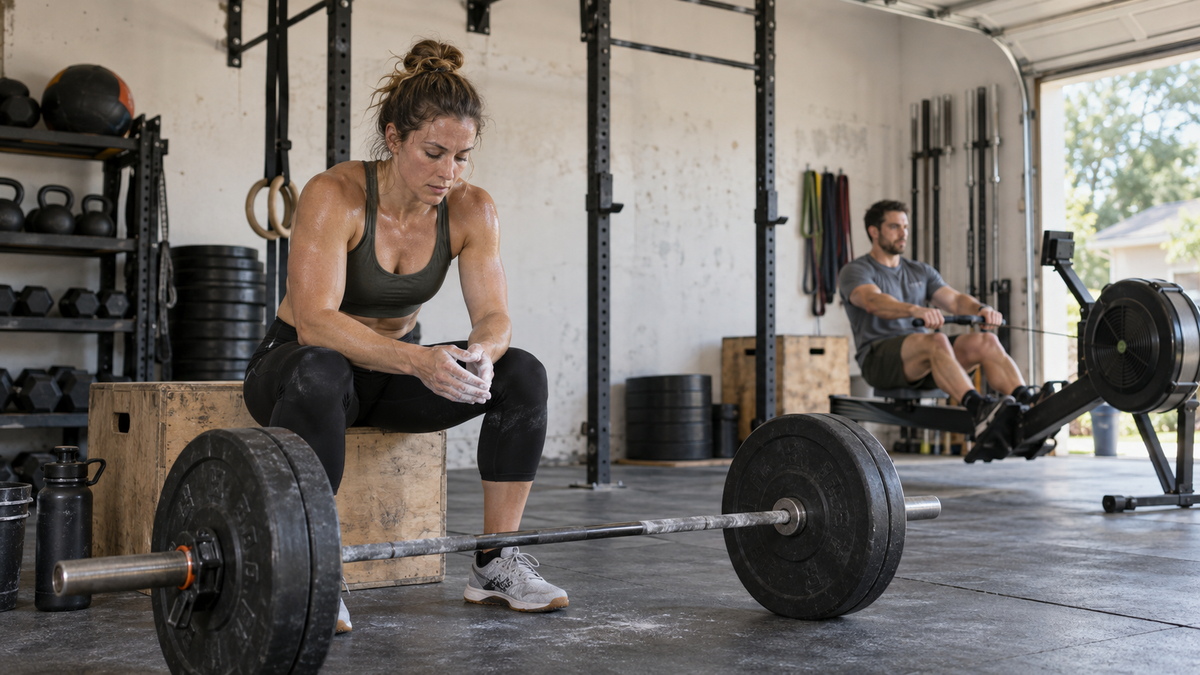 Two athletes training with a barbell and rowing machine in a worn garage gym