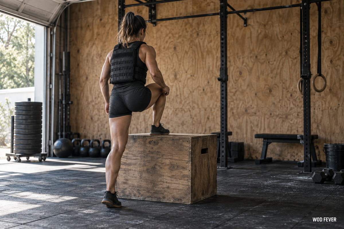 Athlete performing weighted vest box step-ups during a CrossFit garage-gym workout