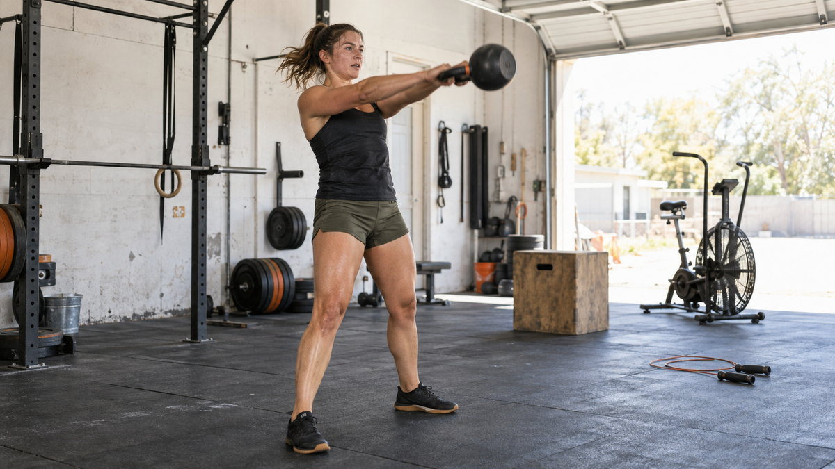 Athlete performing kettlebell swings during a HIIT workout in a worn garage gym