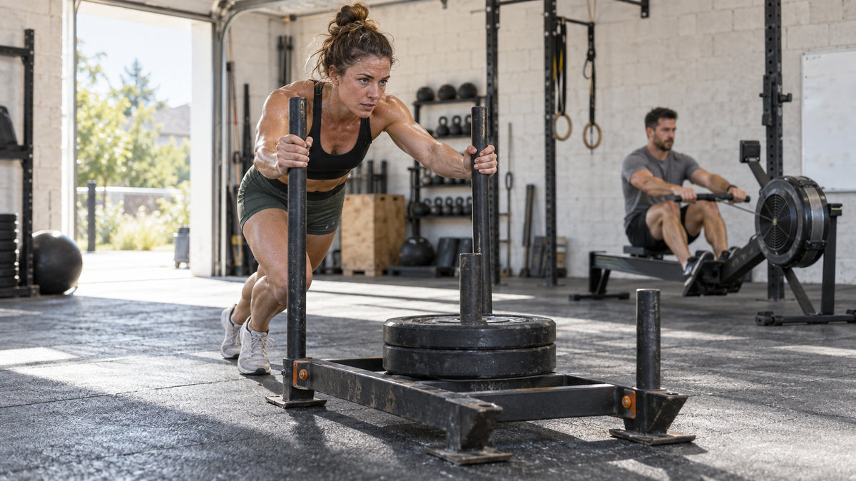 Athlete pushing a weighted sled in a bright garage gym while another athlete trains on a rowing machine