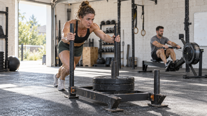Athlete pushing a weighted sled in a bright garage gym while another athlete trains on a rowing machine