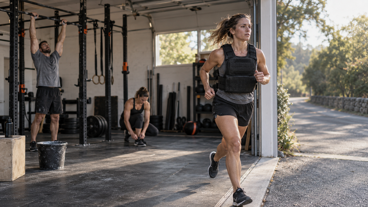 Athlete beginning a Murph workout run outside a functional garage gym while others prepare at a pull-up rig