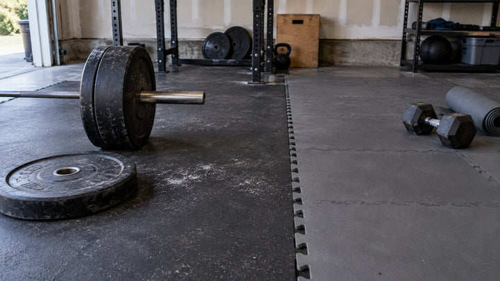 Rubber flooring beside interlocking foam tiles in a used garage gym