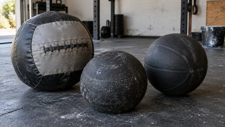 A wall ball, slam ball and rubber medicine ball on a worn garage gym floor