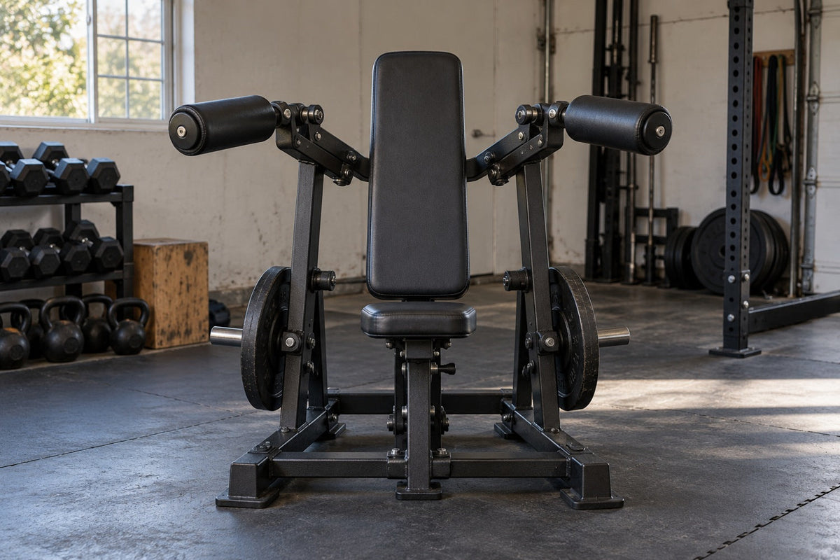 Lateral raise machine in a lived-in garage gym; editorial illustration