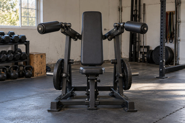 Lateral raise machine in a lived-in garage gym; editorial illustration