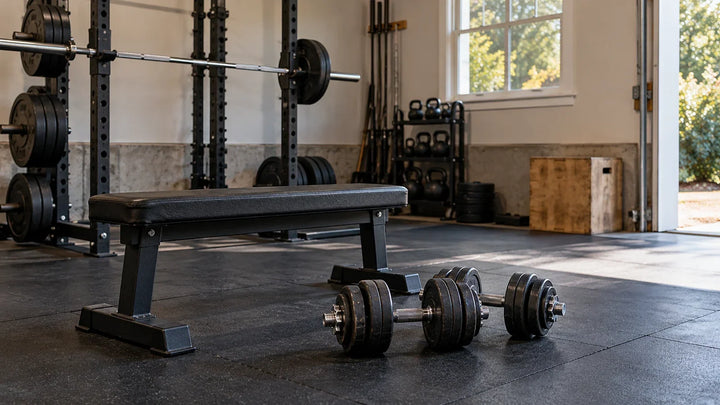 Leg press alternatives in a lived-in garage gym; editorial illustration