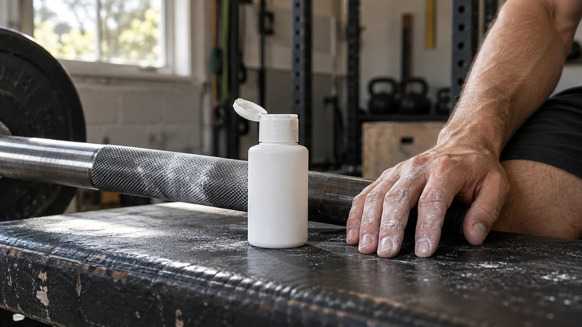 Liquid chalk for lifting in a lived-in garage gym; editorial illustration