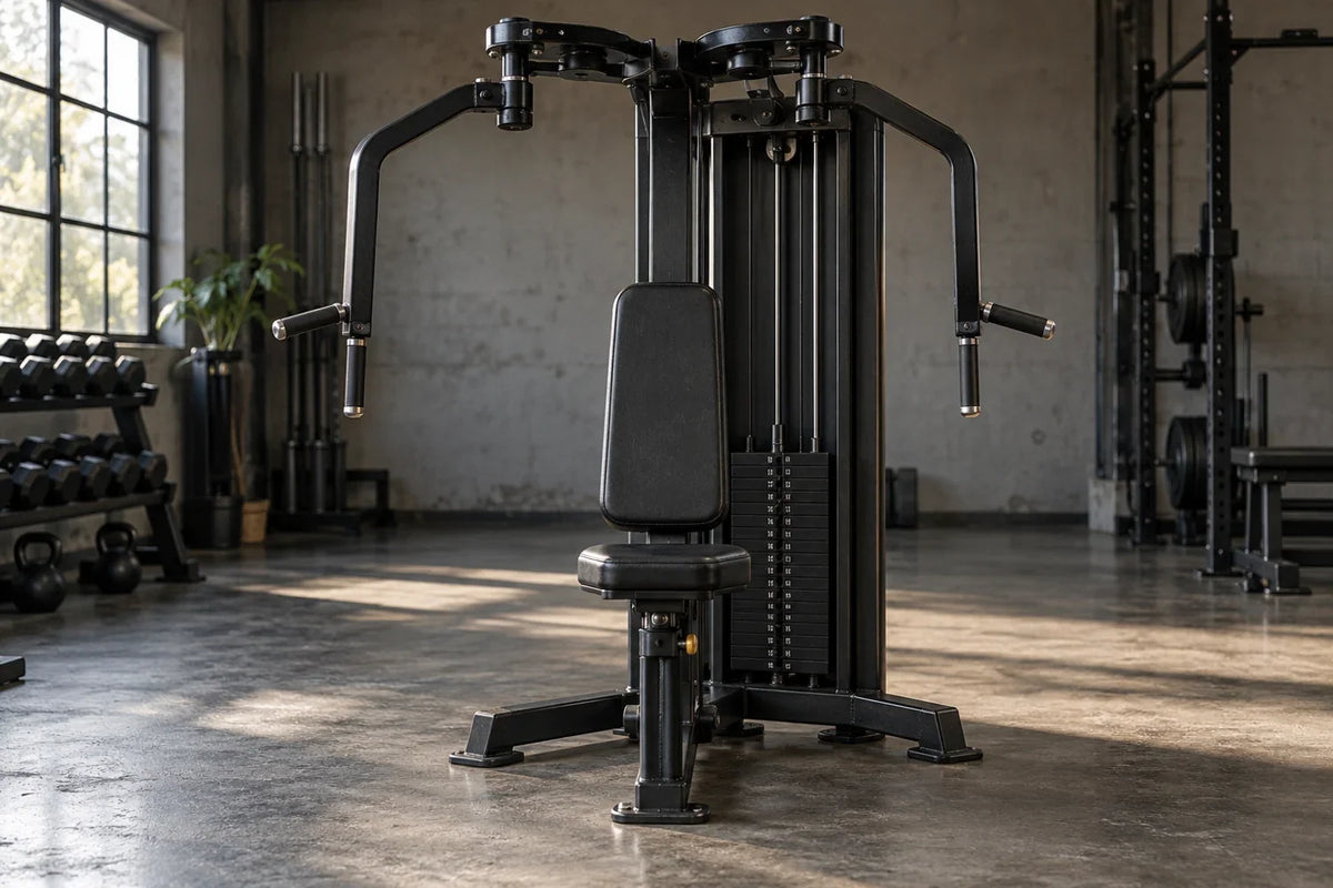 Pec deck machine in a lived-in garage gym; editorial illustration