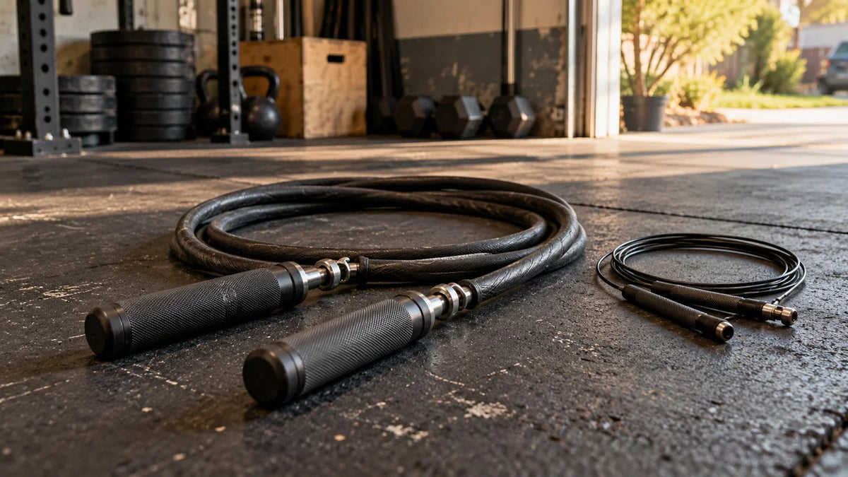Weighted jump rope in a lived-in garage gym; editorial illustration