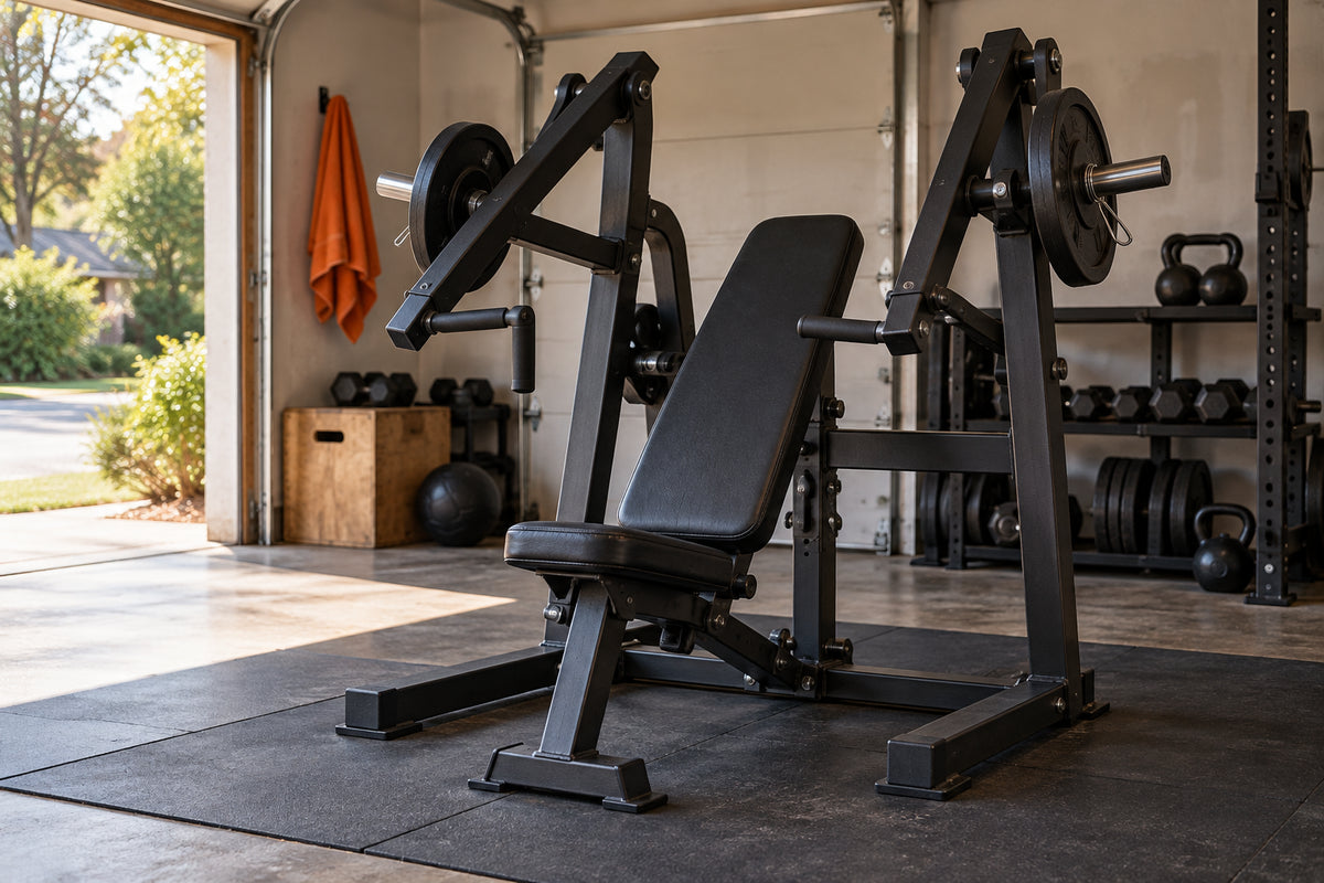 Plate-loaded chest press with independent arms in a naturally lit garage gym; AI-generated illustration