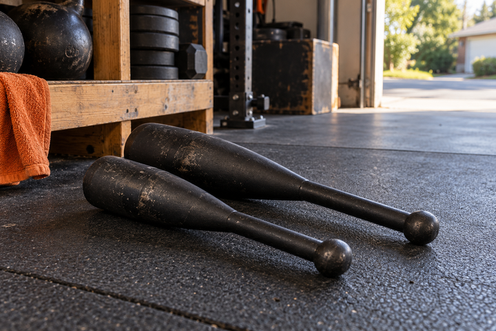 Two black steel exercise clubs on rubber flooring in a working garage gym; AI-generated illustration