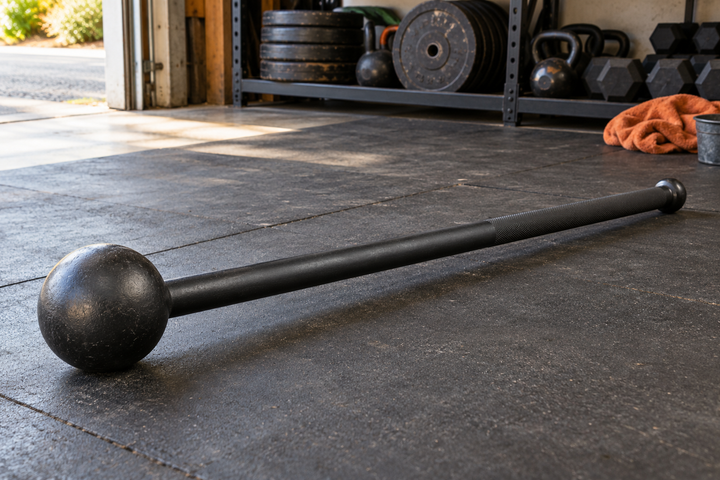 Long-handled steel mace on a rubber garage-gym floor; AI-generated editorial illustration