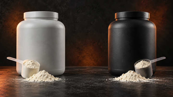 Two unbranded whey protein tubs with scoops on a dark comparison backdrop with orange accents