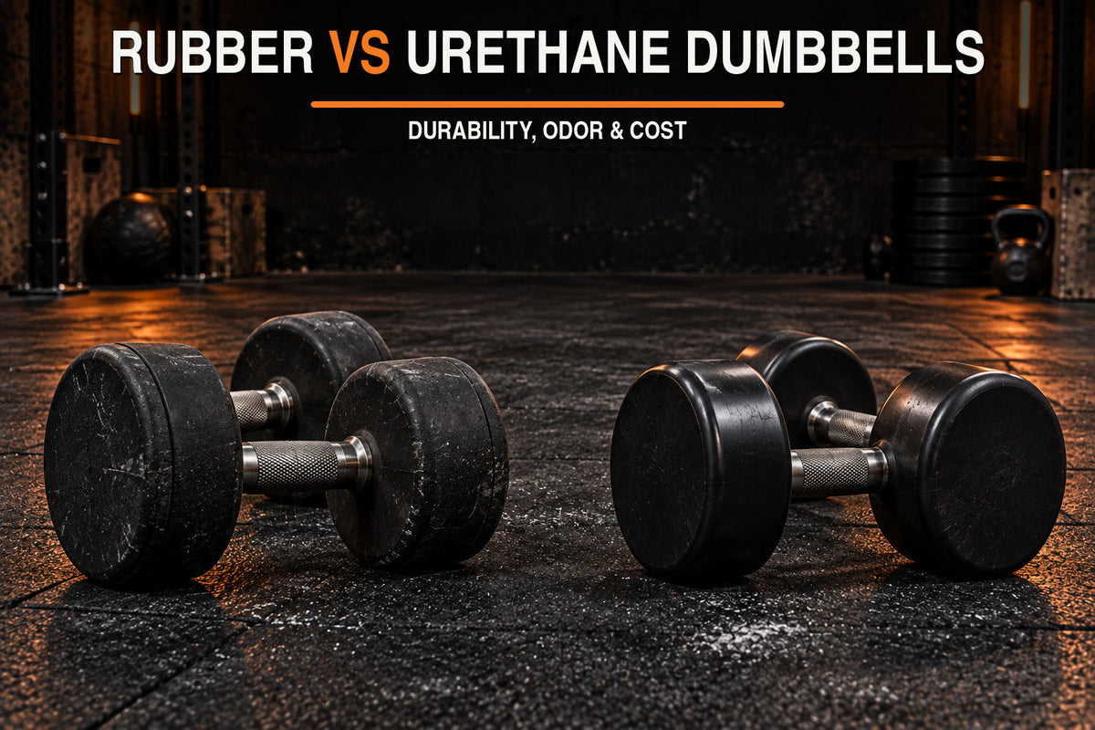Rubber vs urethane dumbbells comparison in a dark garage gym