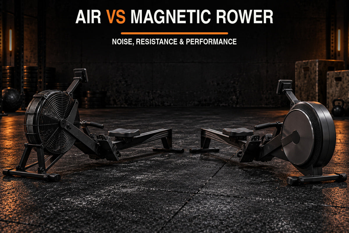 Air vs magnetic rower comparison in a dark garage gym