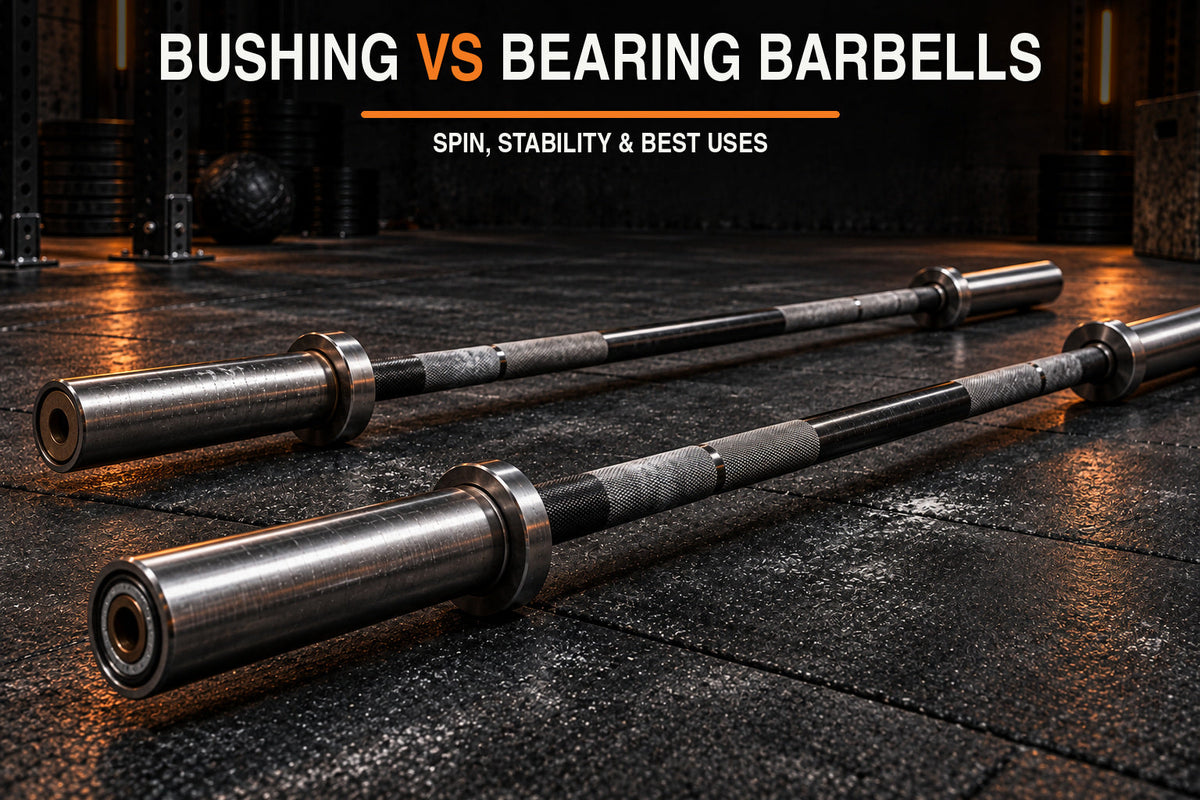 Bushing vs bearing barbells comparison in a dark garage gym