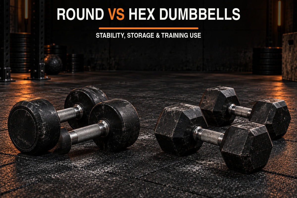 Round vs hex dumbbells comparison in a dark garage gym