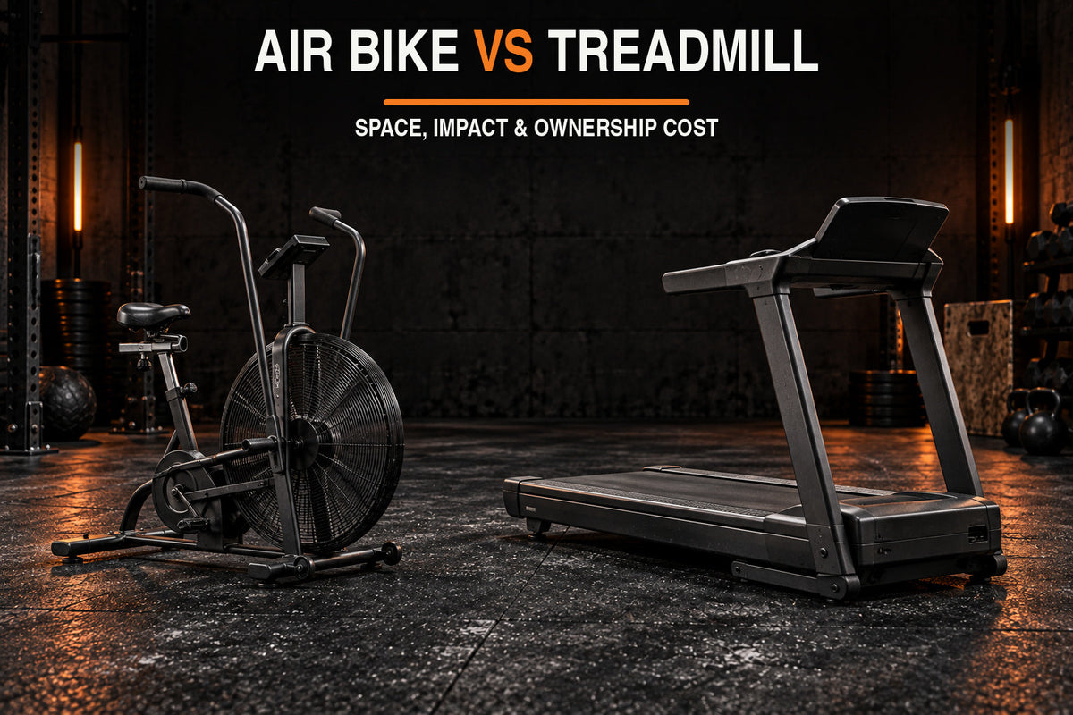 Air bike vs treadmill comparison in a dark garage gym