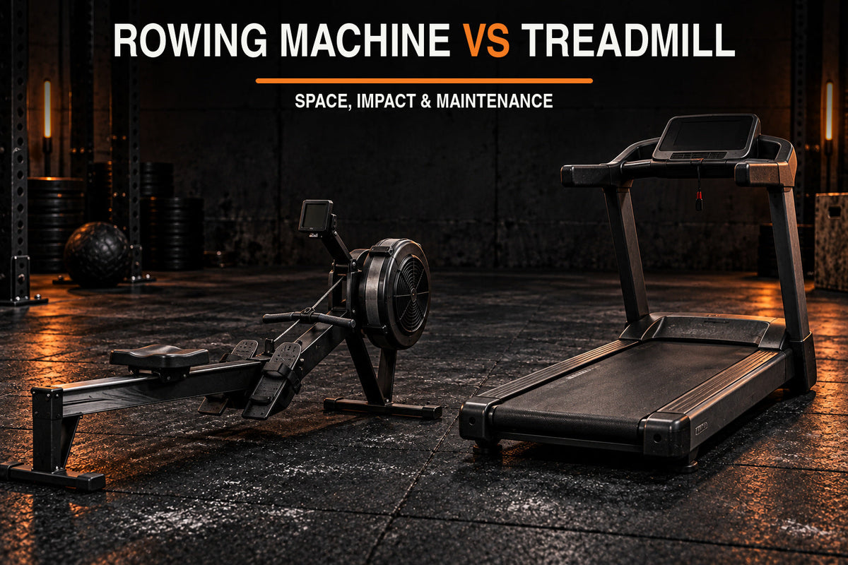 Rowing machine vs treadmill comparison in a dark garage gym