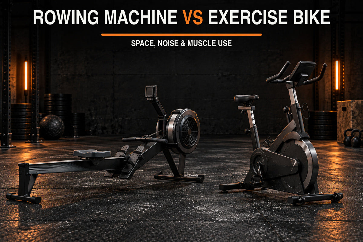 Rowing machine vs exercise bike comparison in a dark garage gym