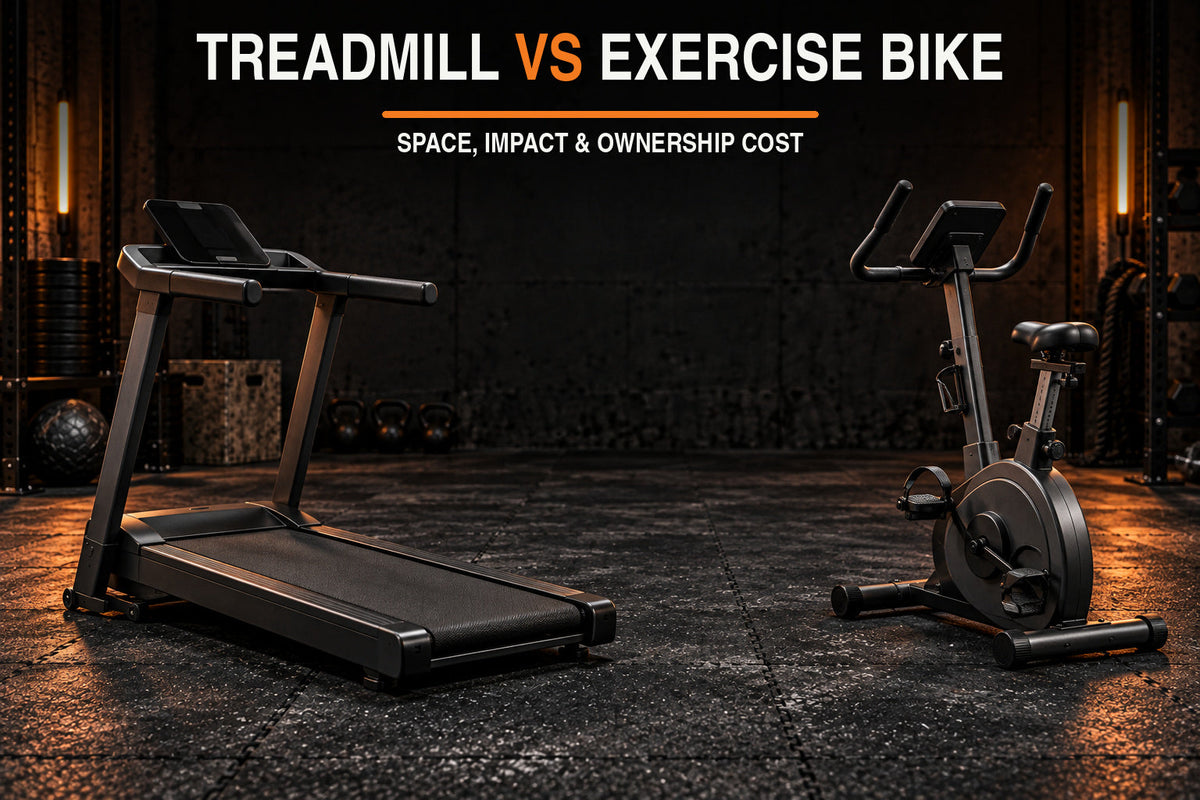 Treadmill vs exercise bike comparison in a dark garage gym