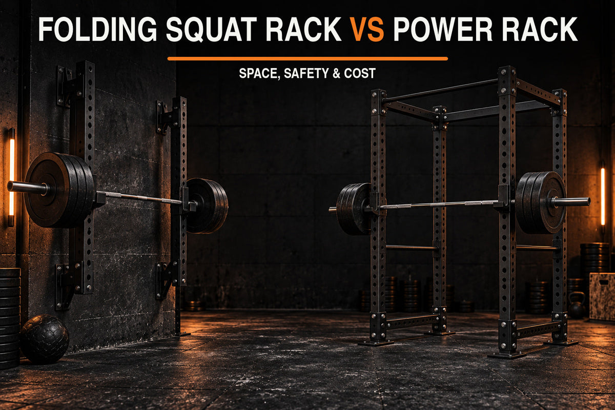 Folding squat rack vs power rack comparison in a dark garage gym