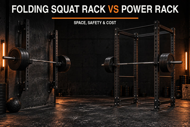Folding squat rack vs power rack comparison in a dark garage gym