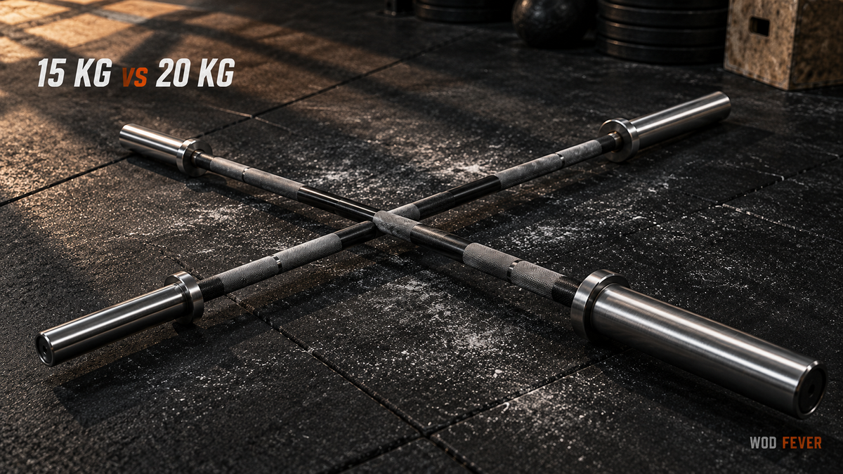 A 15kg and 20kg Olympic barbell crossed on a dark gym floor.