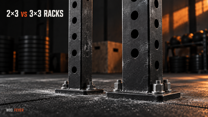 Close-up comparison of 2x3 and 3x3 steel power-rack uprights.