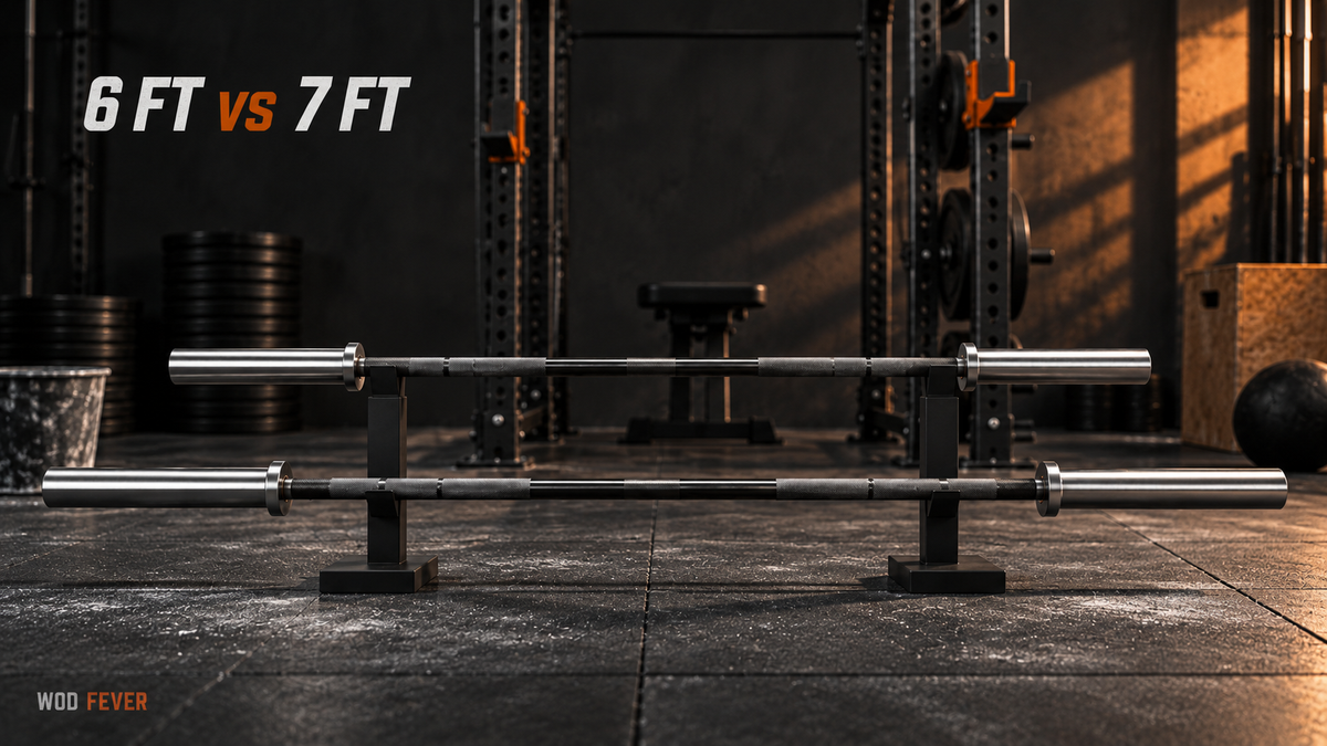 A 6-foot barbell and 7-foot barbell compared in front of a power rack.