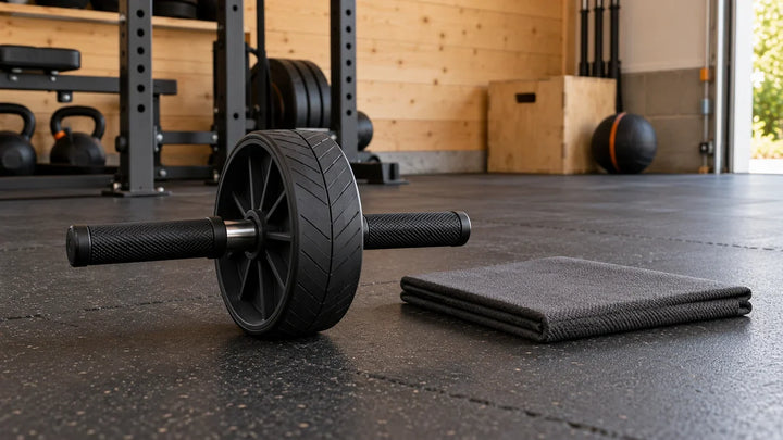 Basic ab wheel beside a kneeling mat; equipment illustration