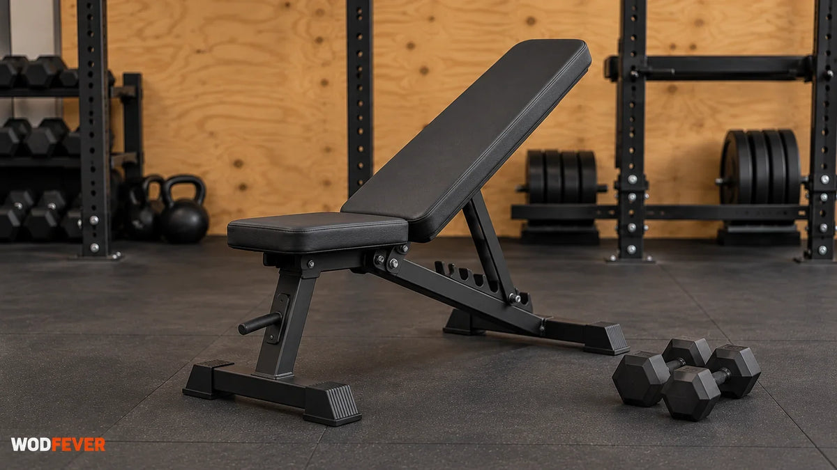 Black adjustable weight bench and dumbbells in a garage gym.