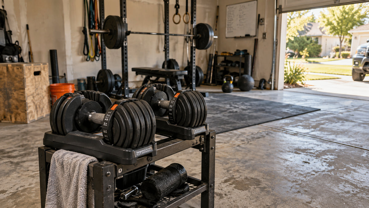Adjustable dumbbells on a stand in a realistic garage gym