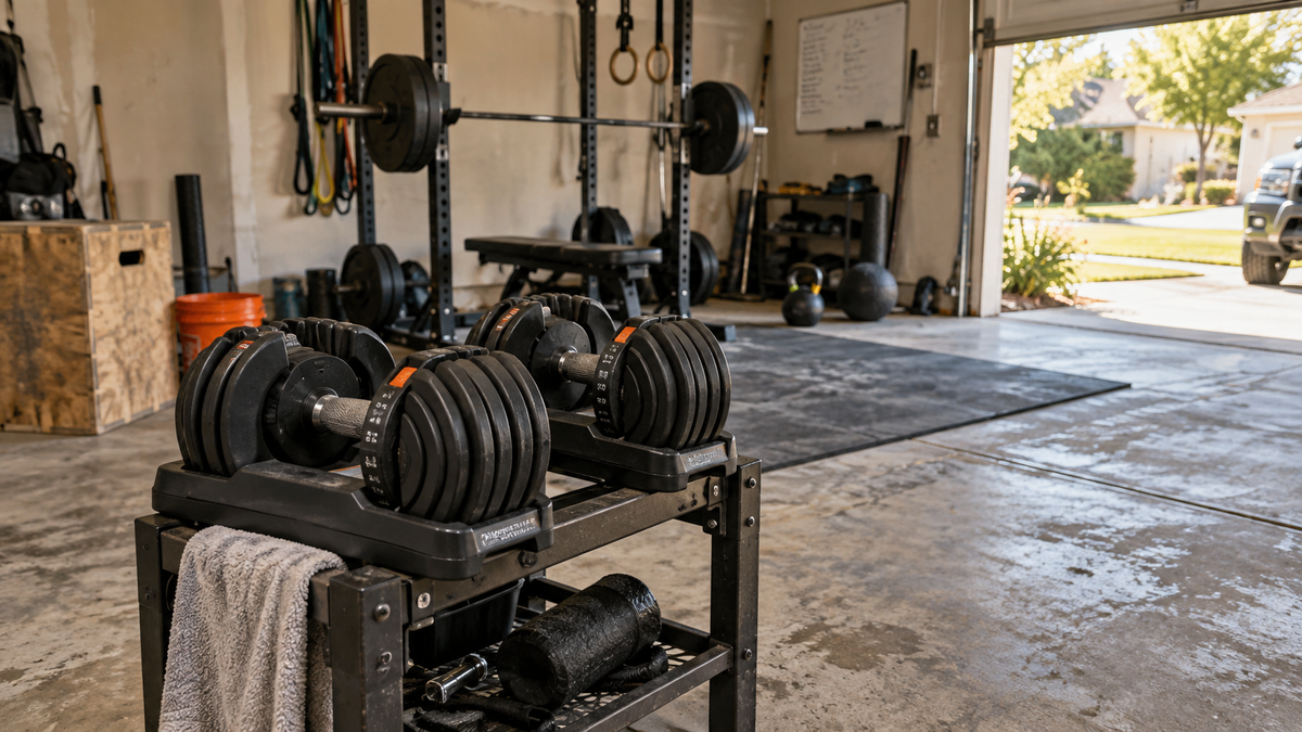 Adjustable dumbbells on a stand in a realistic garage gym