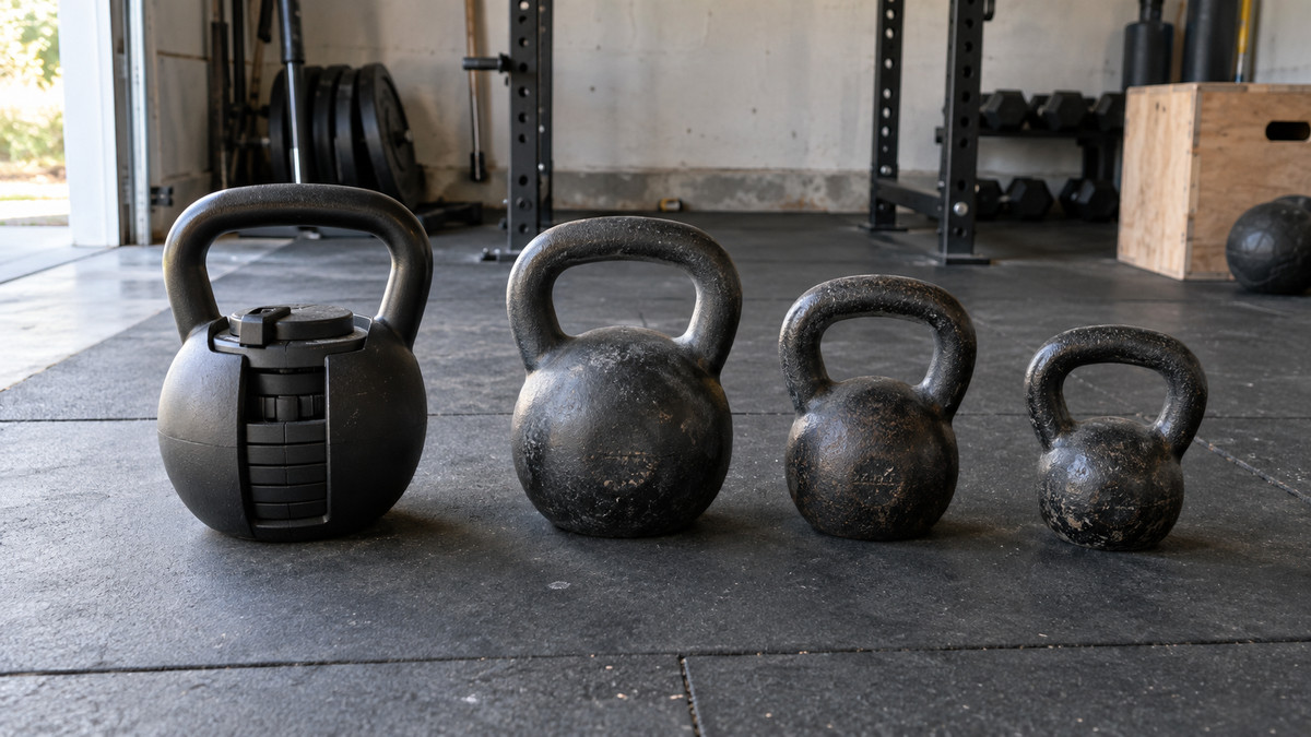 One adjustable kettlebell beside three fixed kettlebells in a garage gym